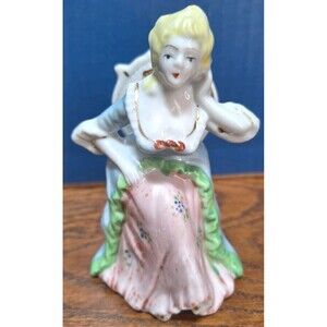 VTG Victorian Lady Figurine Blue And Pink Dress Sitting On Chair Occupied Japan
